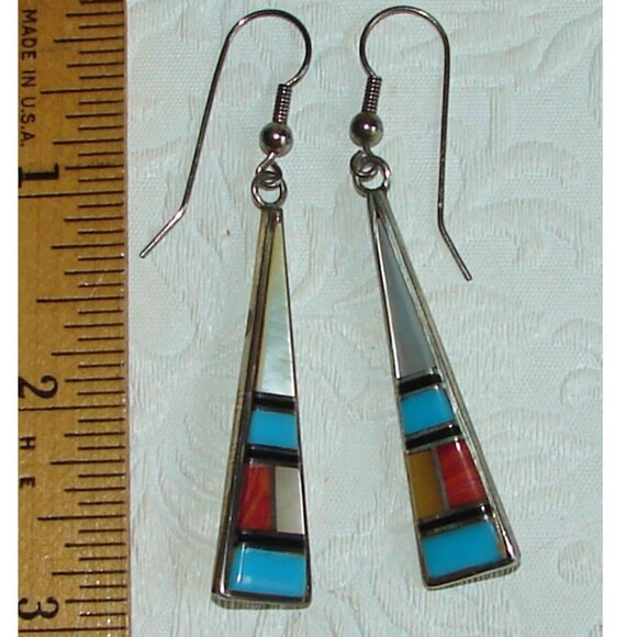 Zuni Turquoise Inlay Sterling Silver Dangle EARRINGS, Spiney Oyster, MOP D24 - Picture 5 of 9